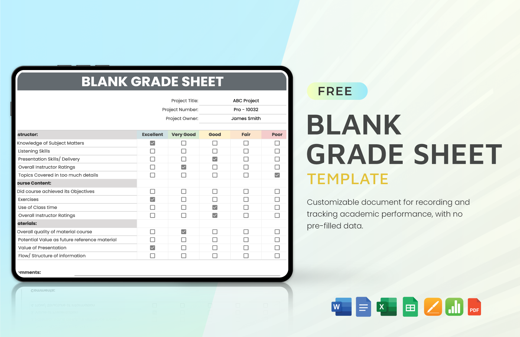 Blank Grade Sheet Template in Word, Google Docs, Excel, PDF, Google Sheets, Apple Pages, Apple Numbers