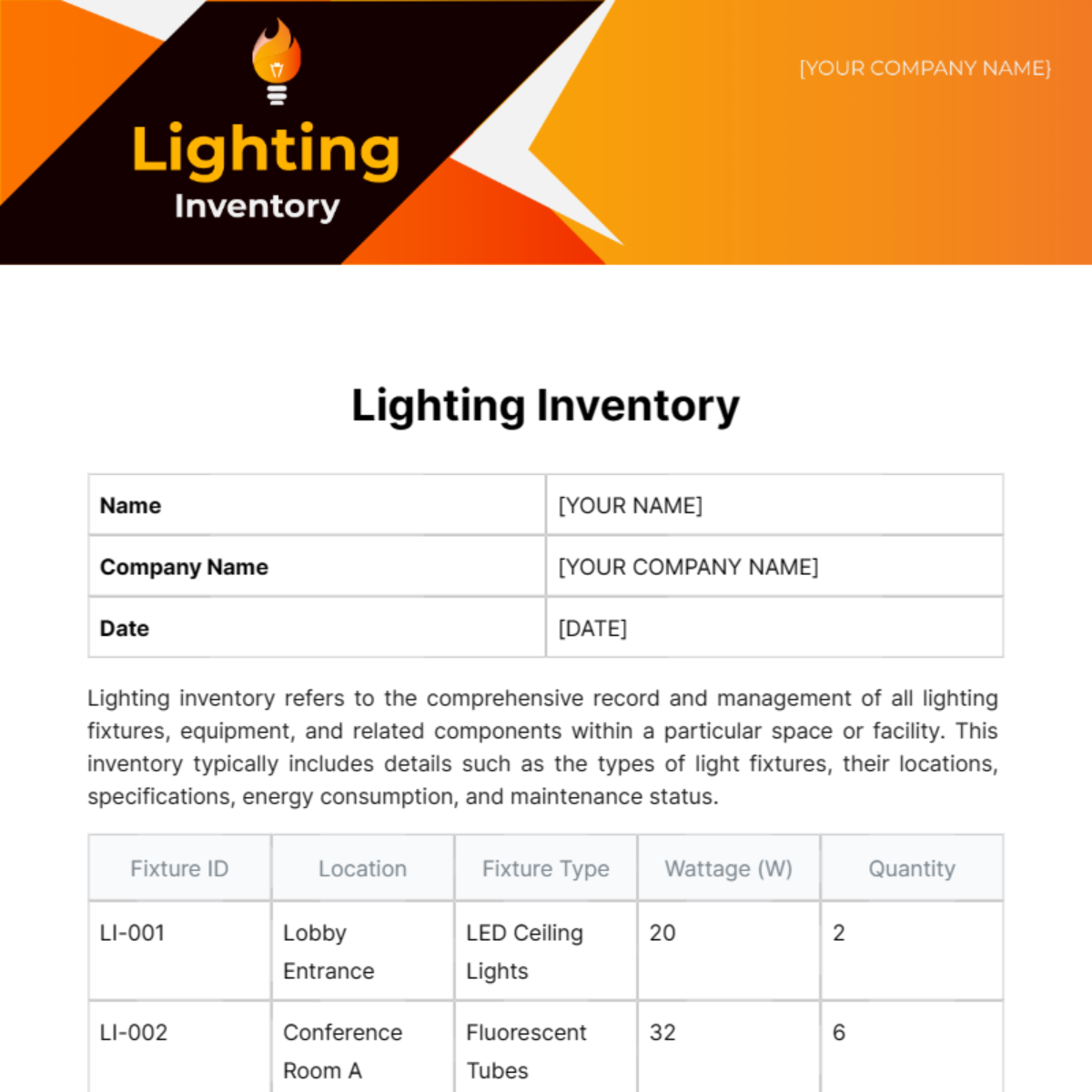 Lighting Inventory Template