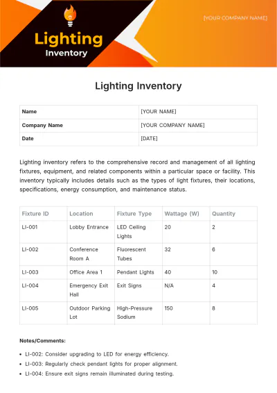 Free Lighting Inventory Template to Edit Online