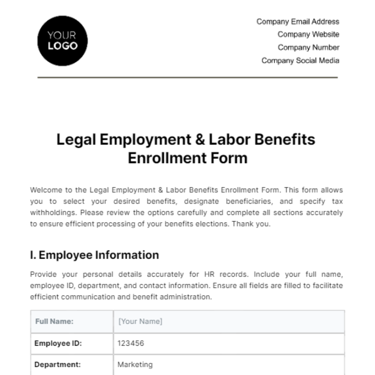 Free Legal Employment & Labor Benefits Enrollment Form Template