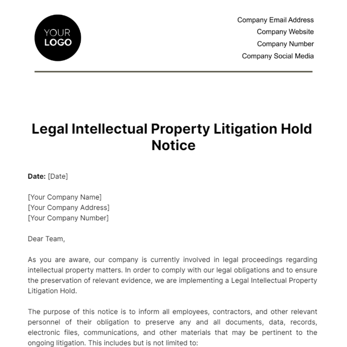 Legal Intellectual Property Litigation Hold Notice Template