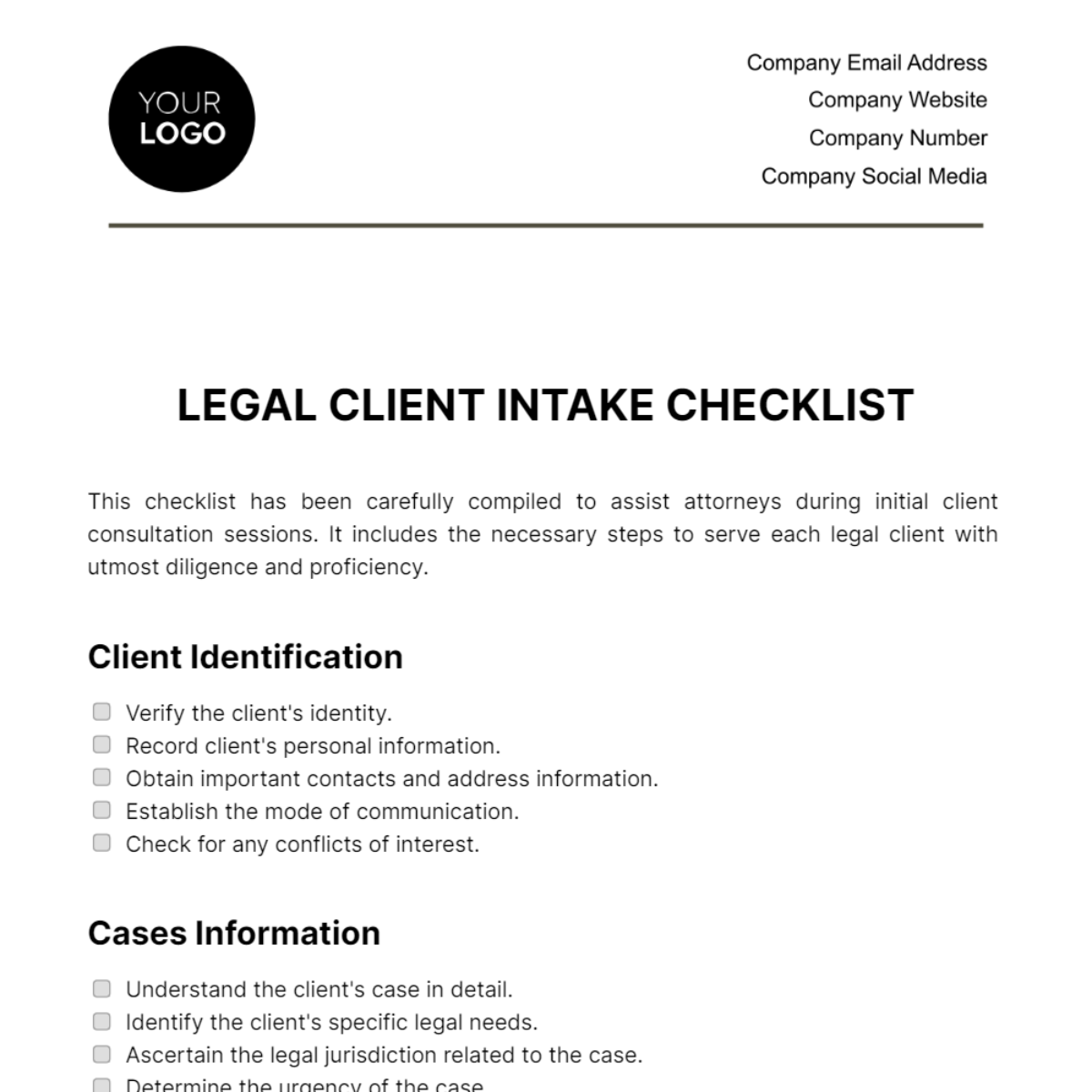 Legal Client Intake Checklist Template