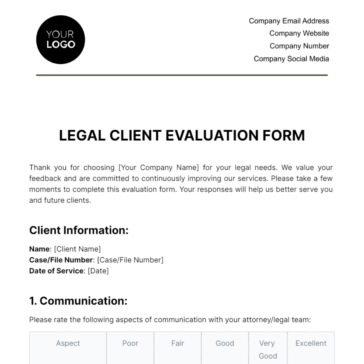 Legal Client Evaluation Form Template