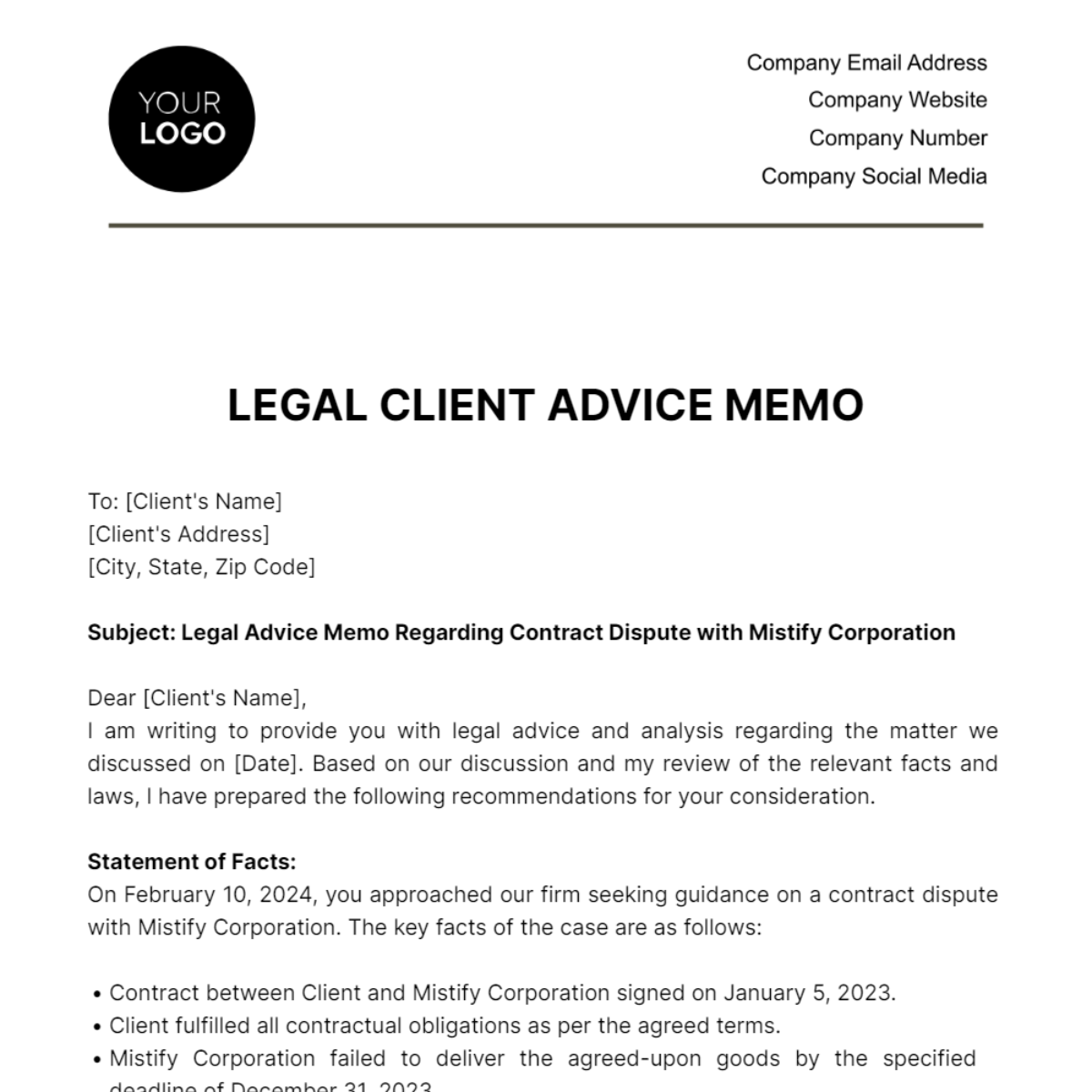 Free Legal Client Advice Memo Template