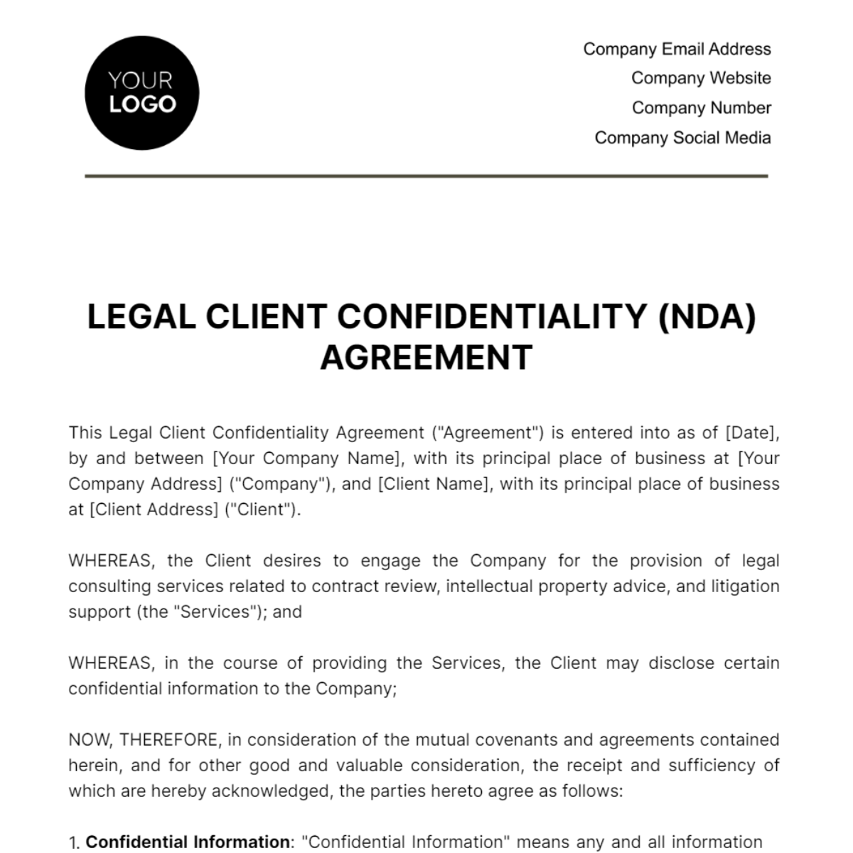 Legal Client Confidentiality (NDA) Agreement Template