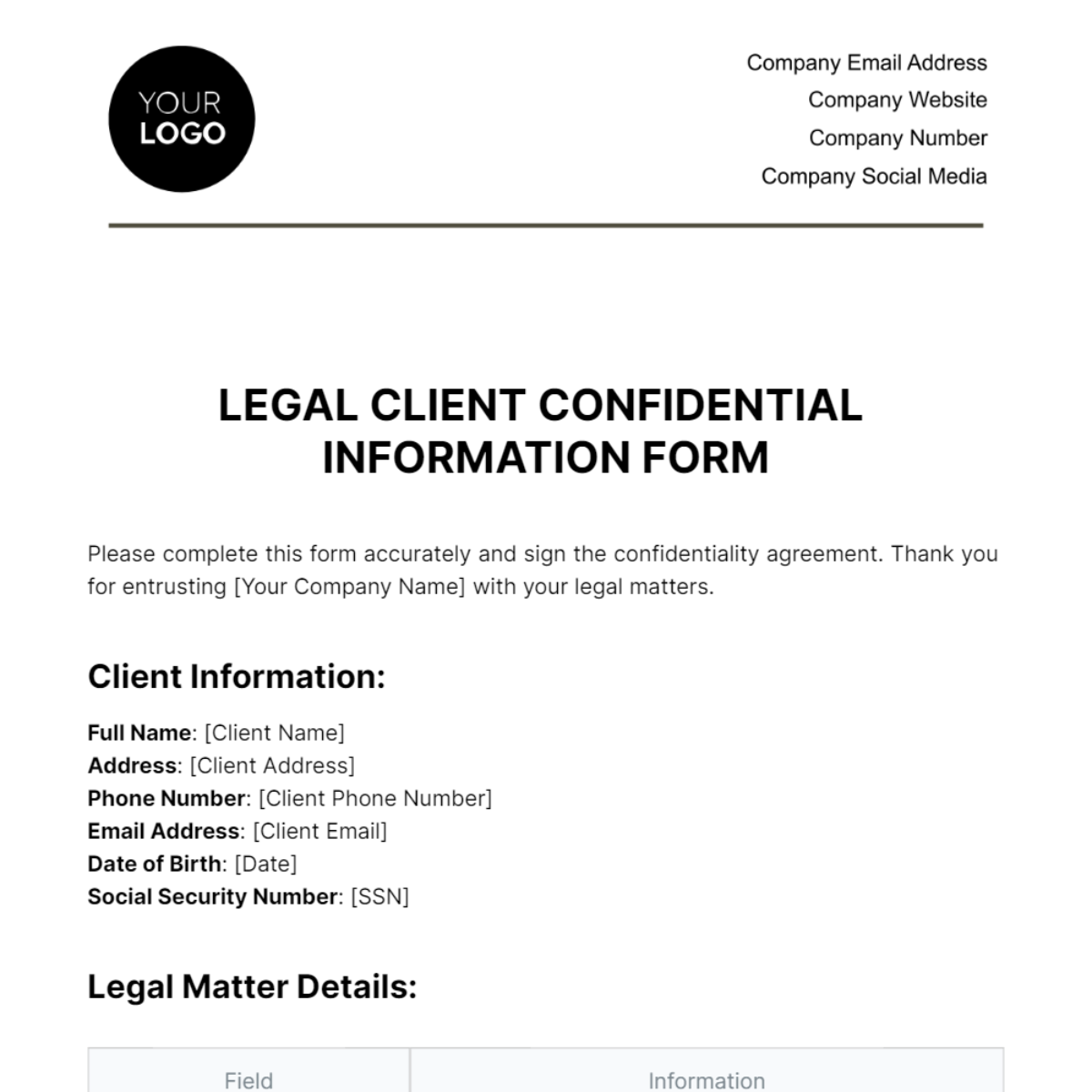 Free Legal Client Confidential Information Form Template