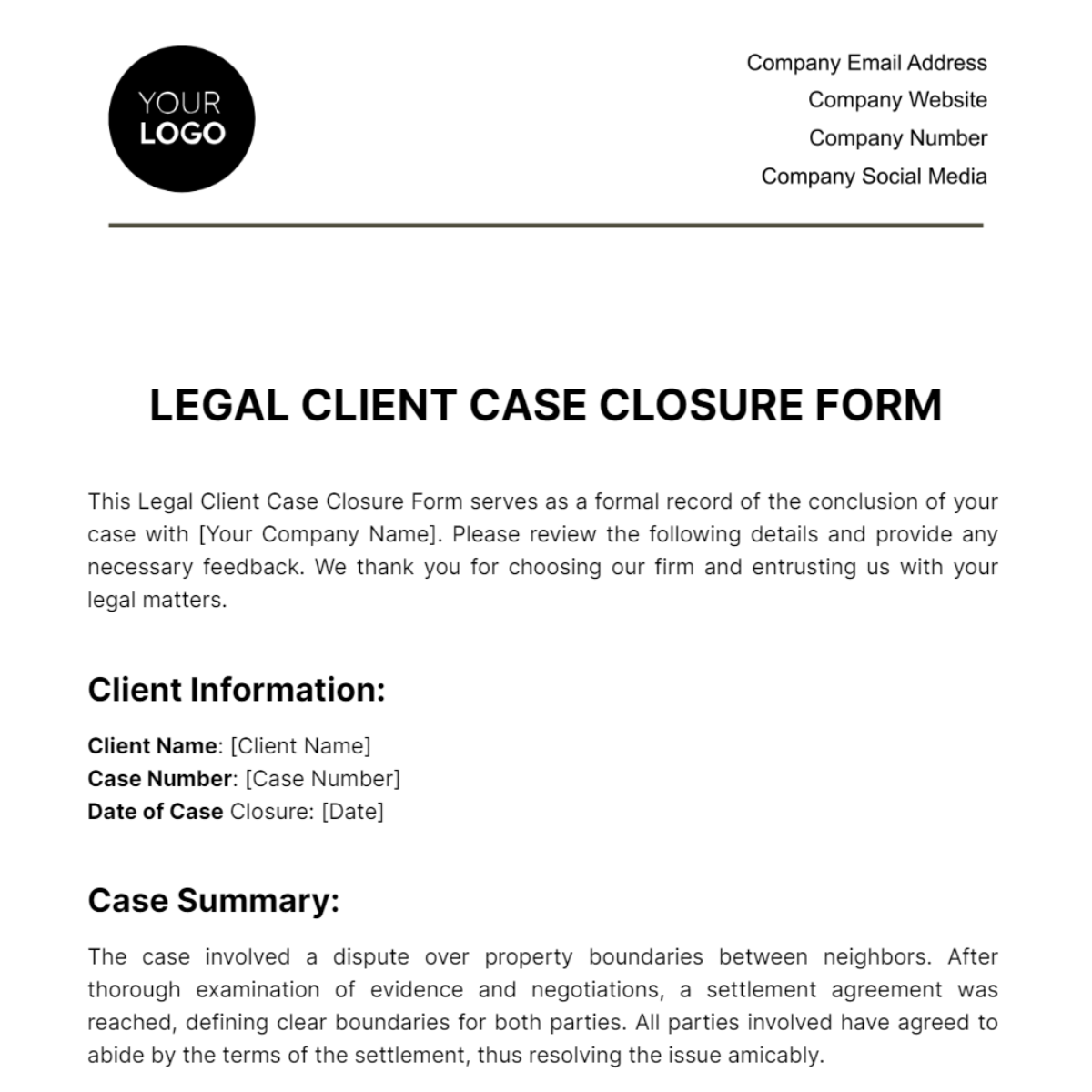 Legal Client Case Closure Form Template