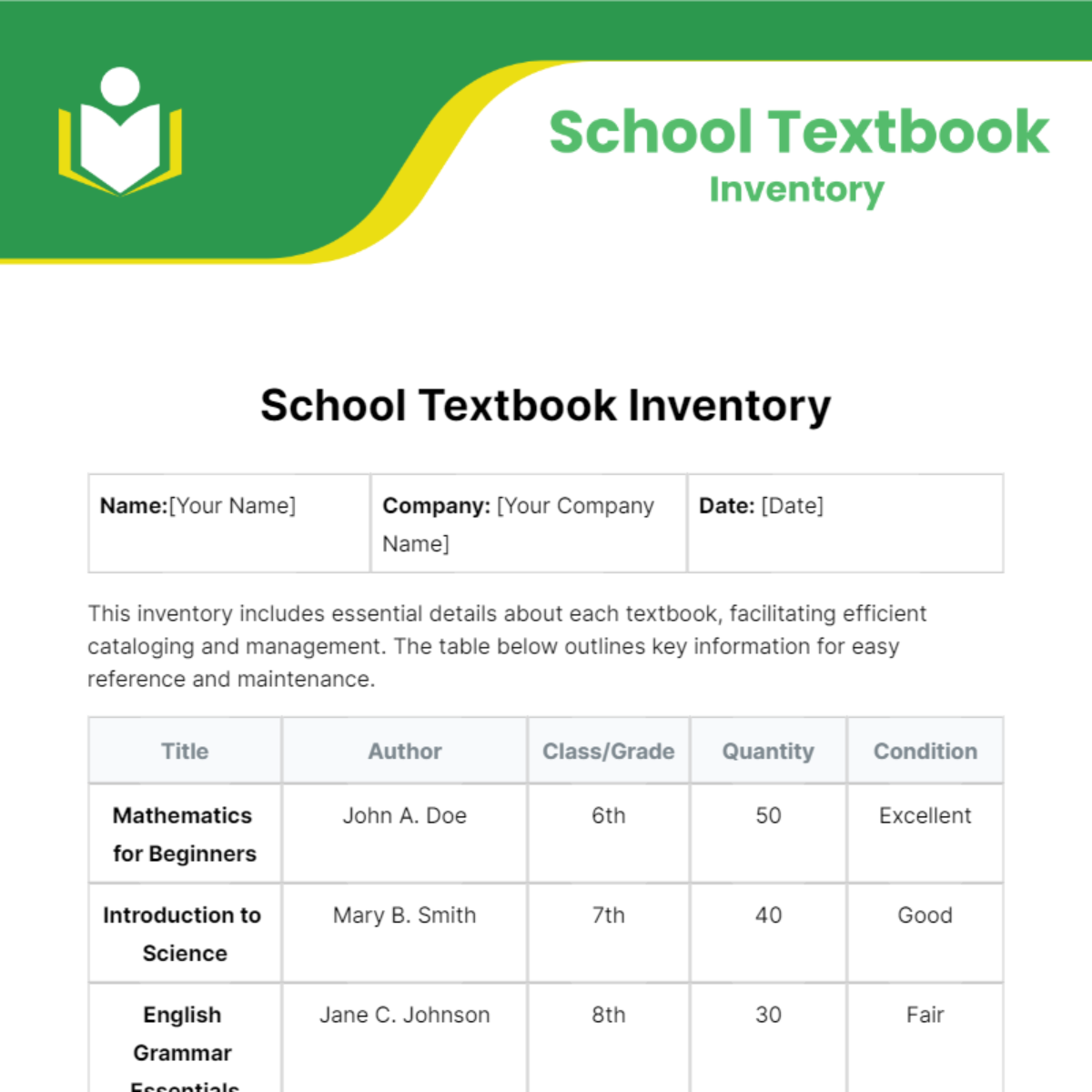 School Textbook Inventory Template