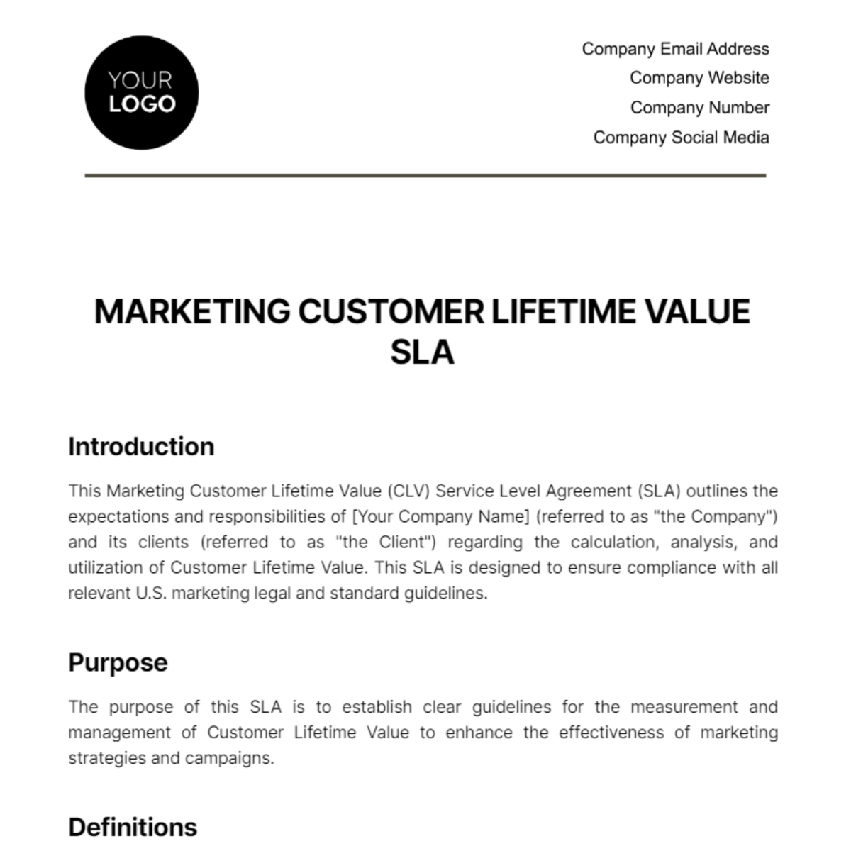 Marketing Customer Lifetime Value SLA Template