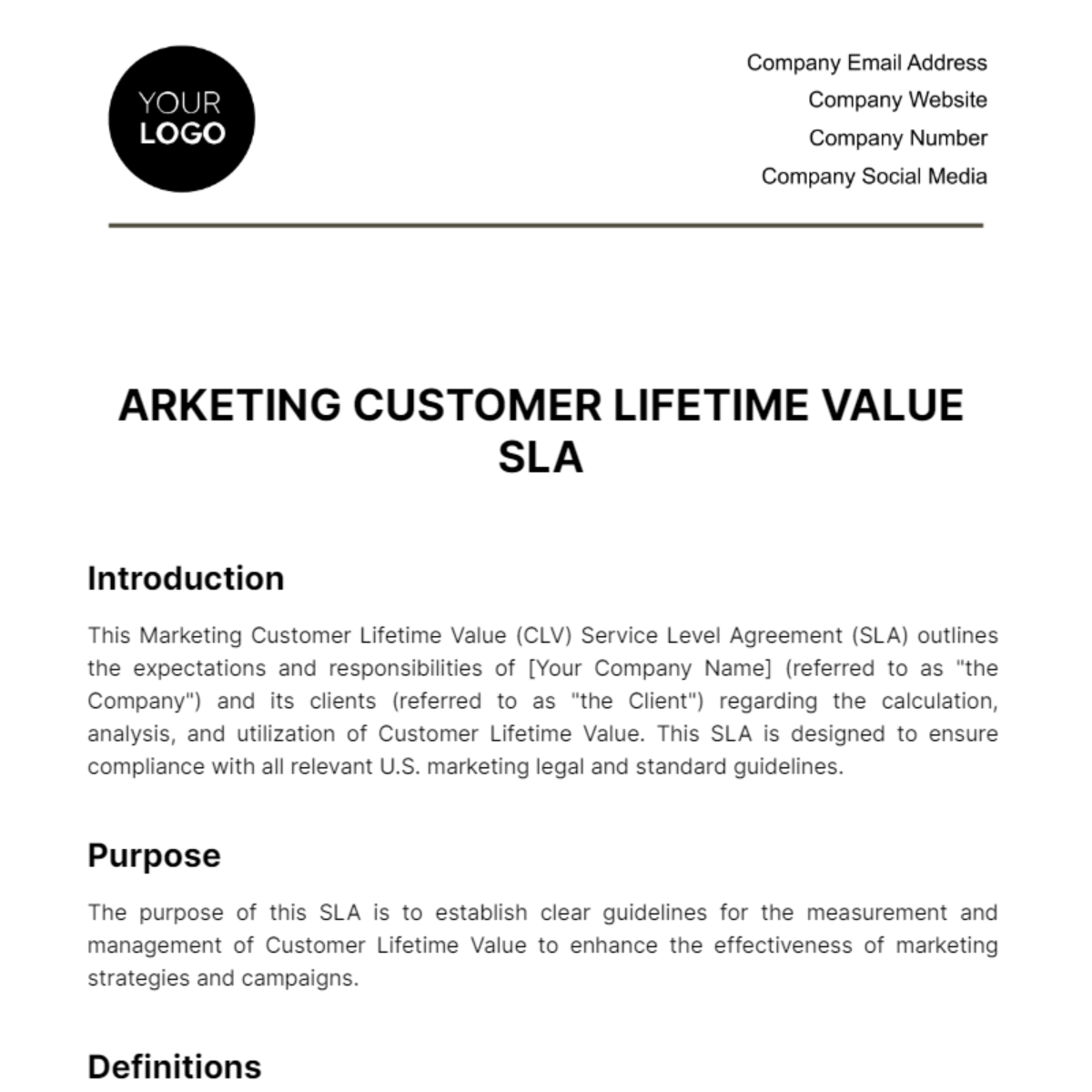 Marketing Customer Lifetime Value SLA Template