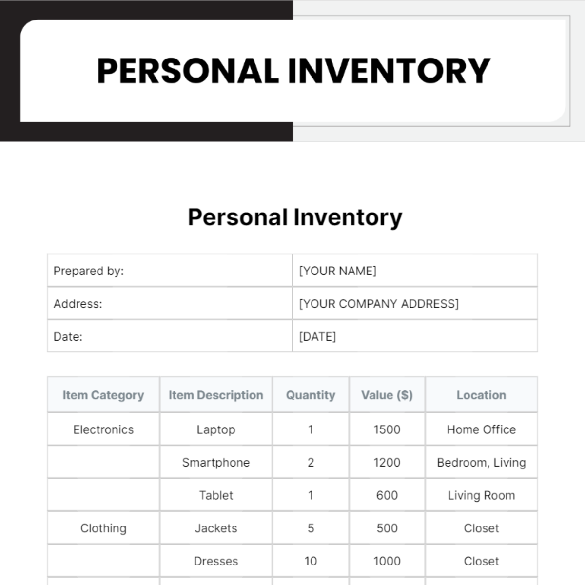 Personal Inventory Template