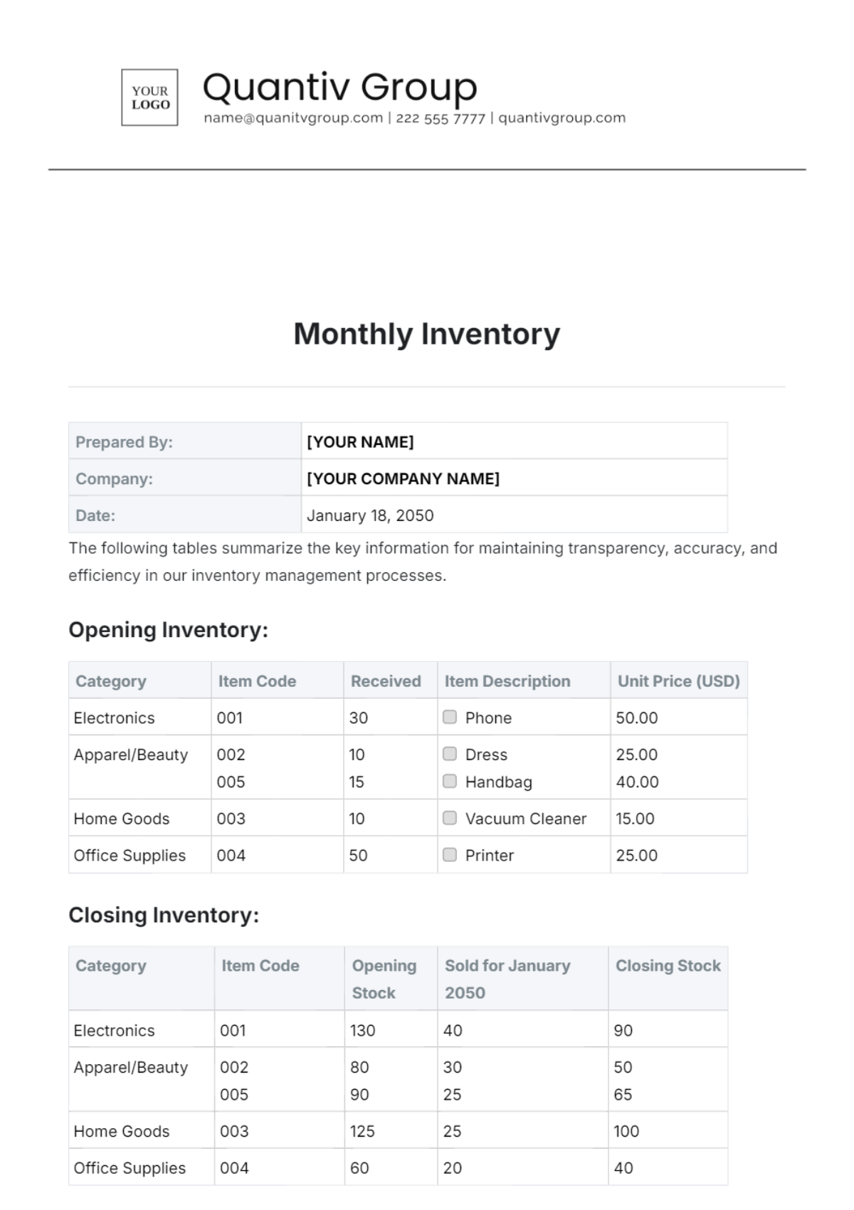 Monthly Inventory Layout Template