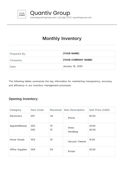 Free Monthly Inventory Layout Template to Edit Online