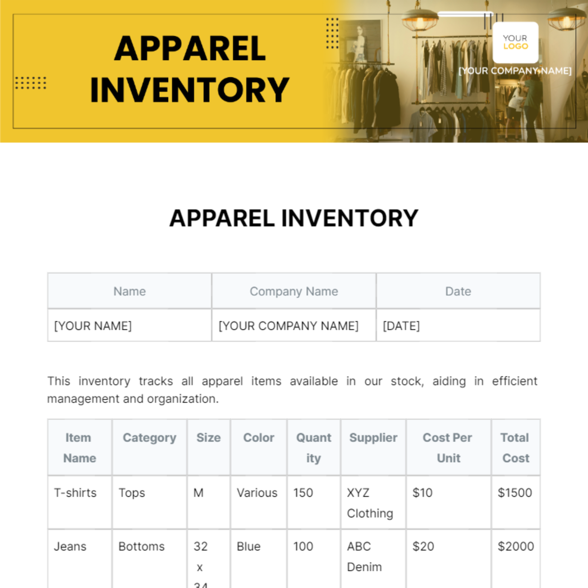 Apparel Inventory Template