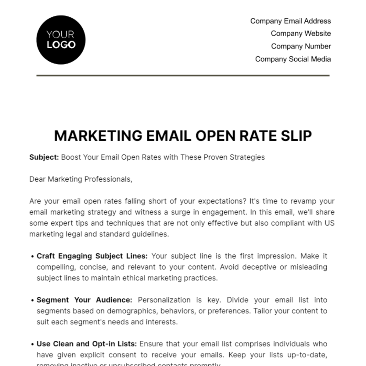 Marketing Email Open Rate Slip Template