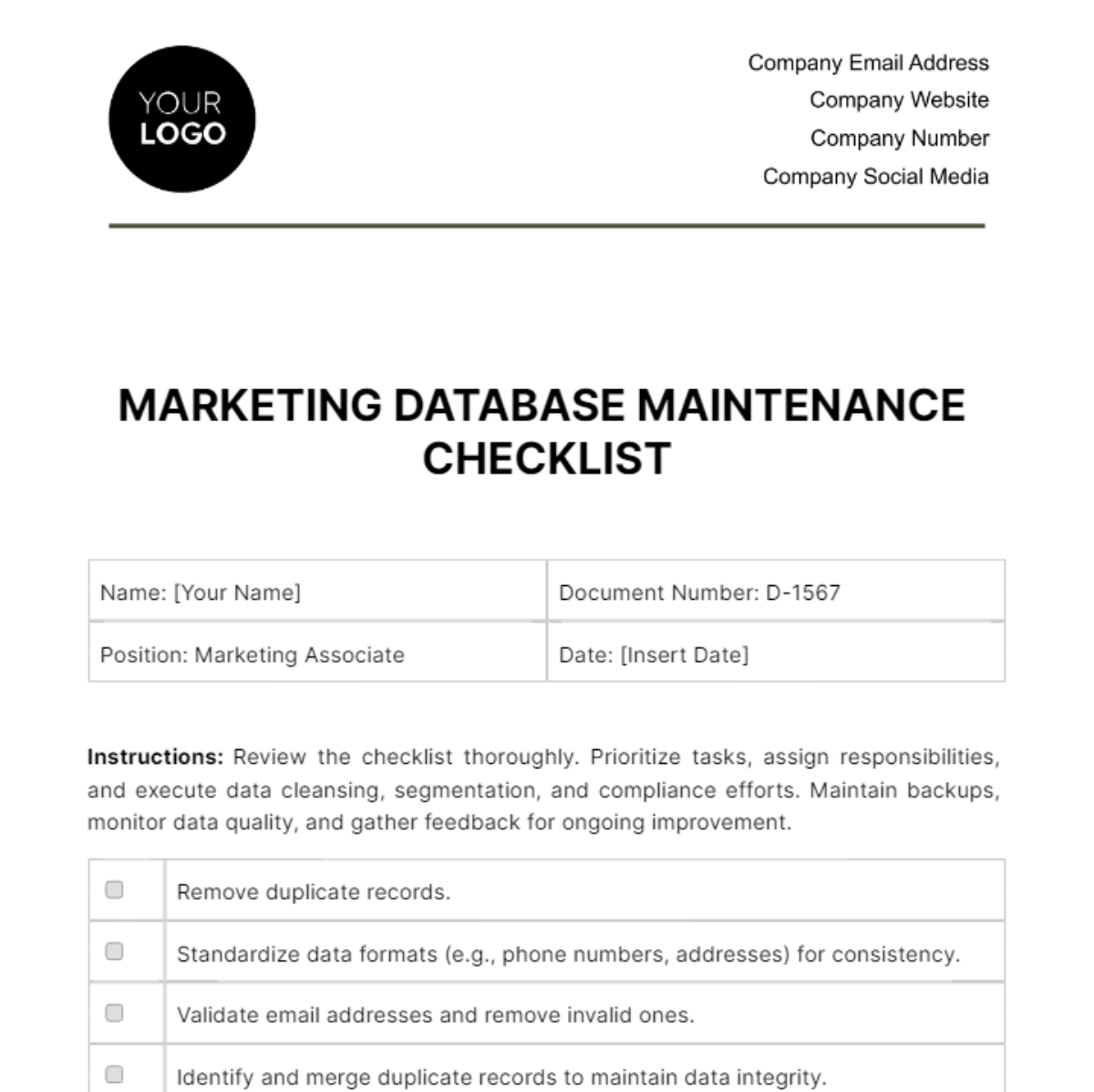 Marketing Database Maintenance Checklist Template