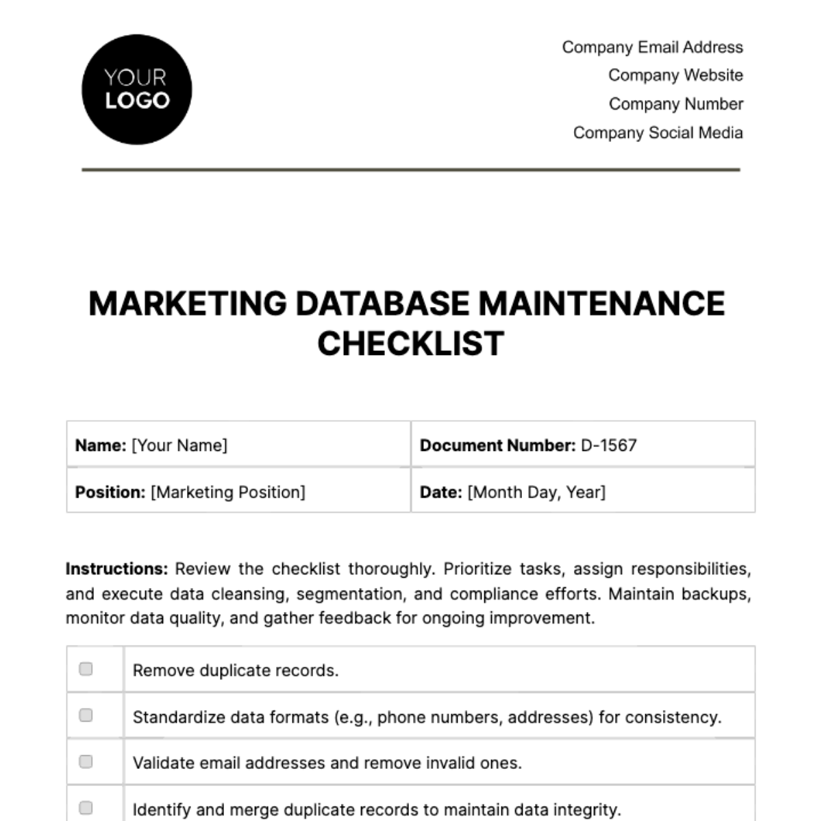 Free Marketing Database Maintenance Checklist Template
