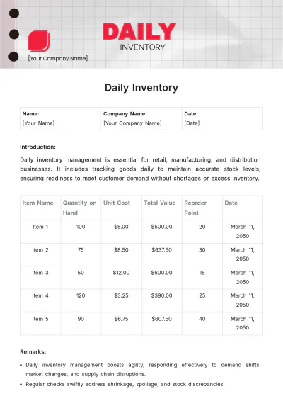 Free Daily Inventory Template to Edit Online