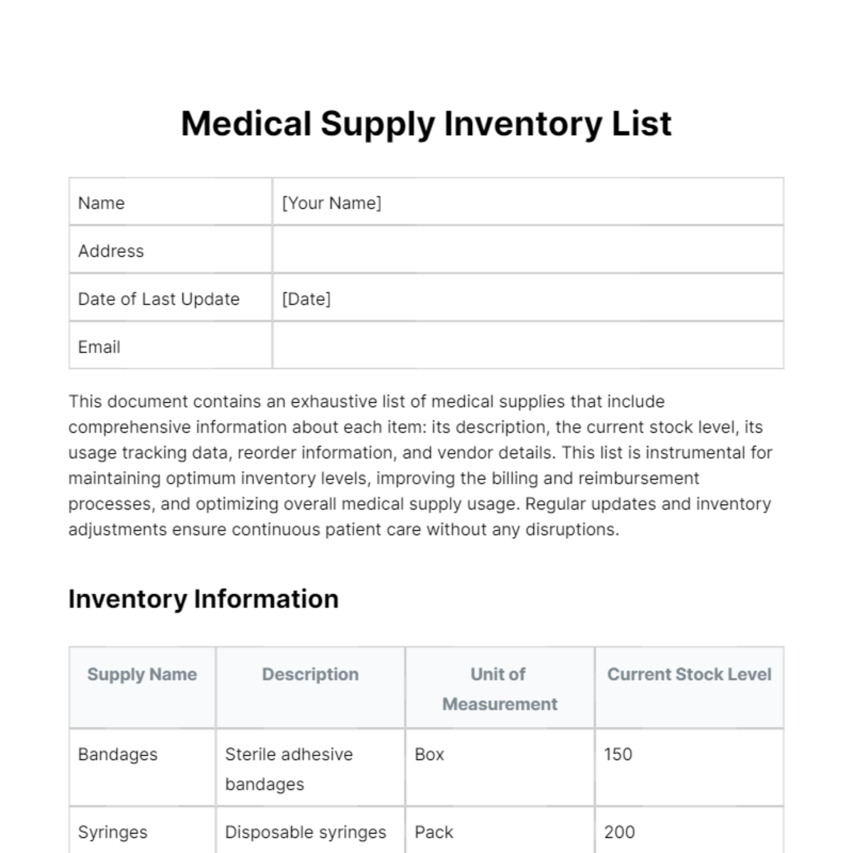 Free Medical supply Inventory List Template