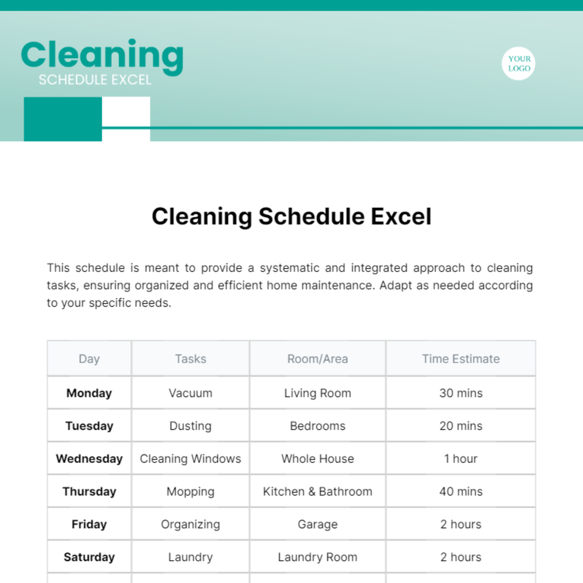 Cleaning Schedule Excel Template