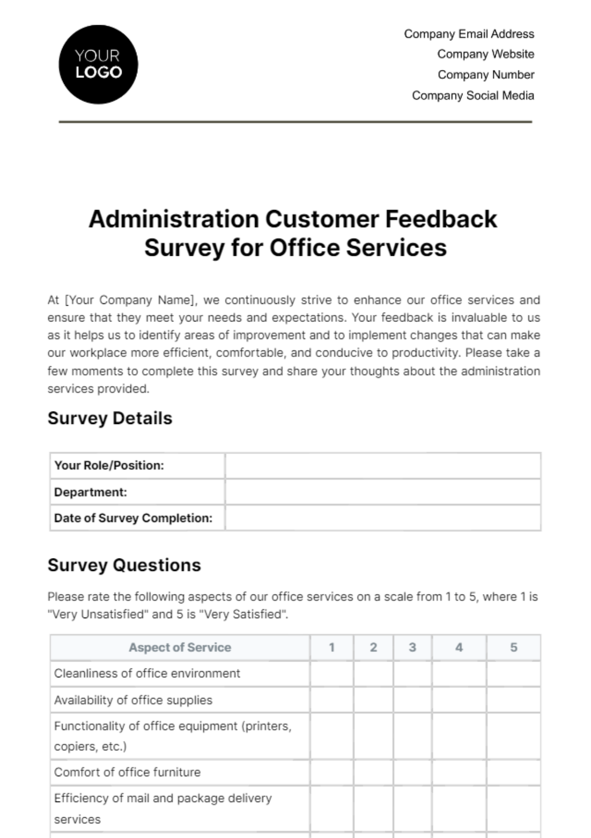 Free Administration Customer Feedback Survey for Office Services Template