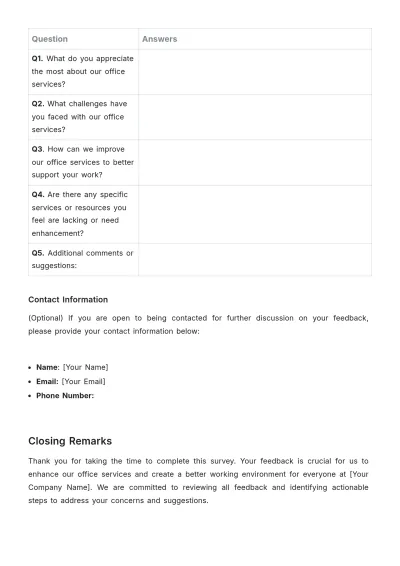 Free Administration Customer Feedback Survey for Office Services Template to Edit Online