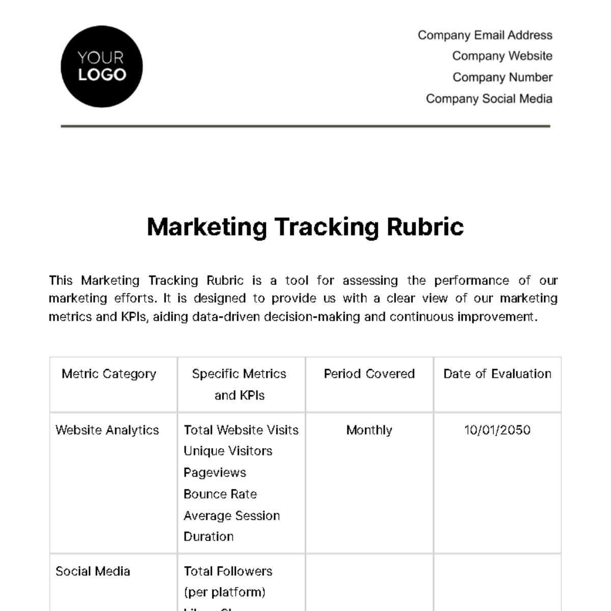 Marketing Tracking Rubric Template