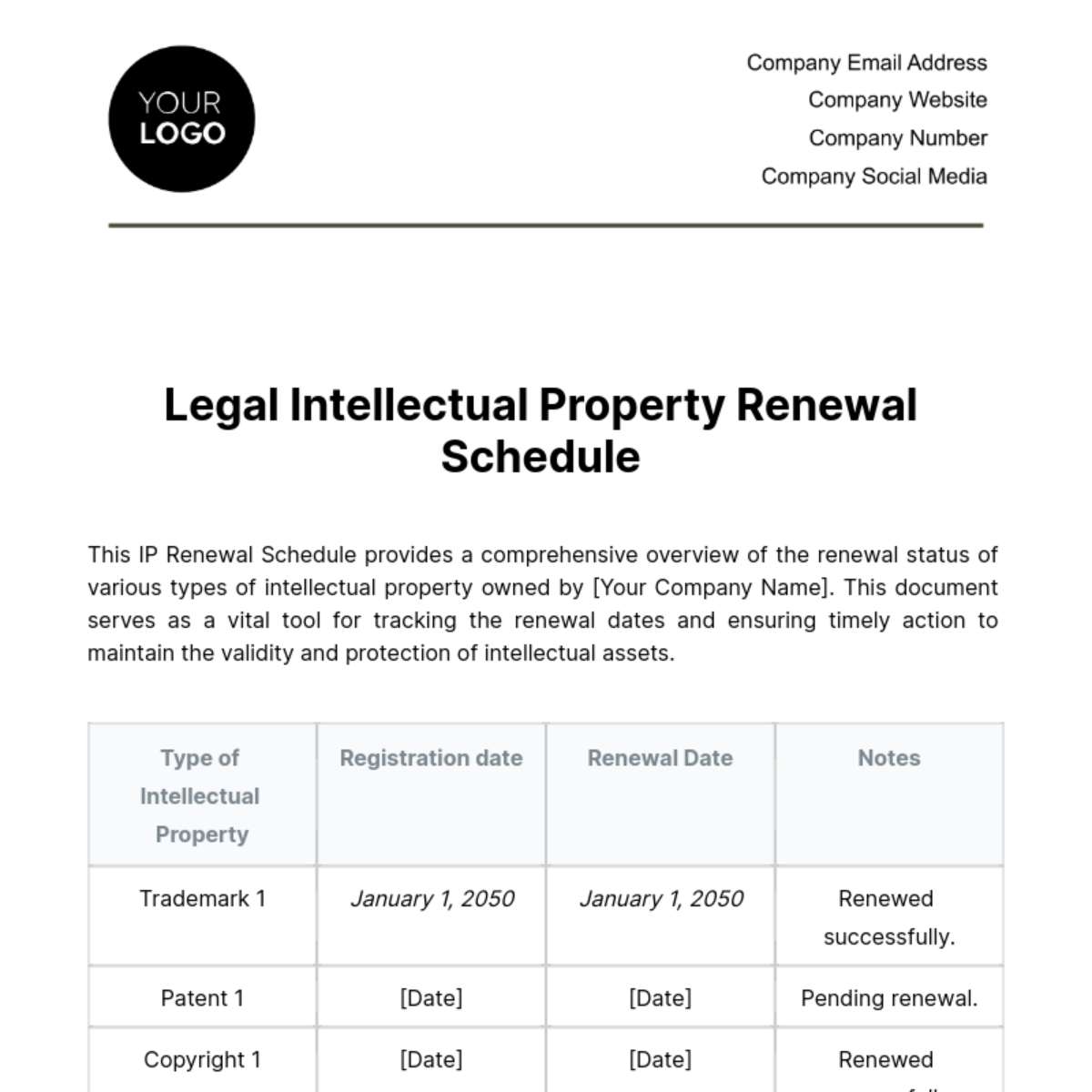 Legal Intellectual Property Renewal Schedule Template