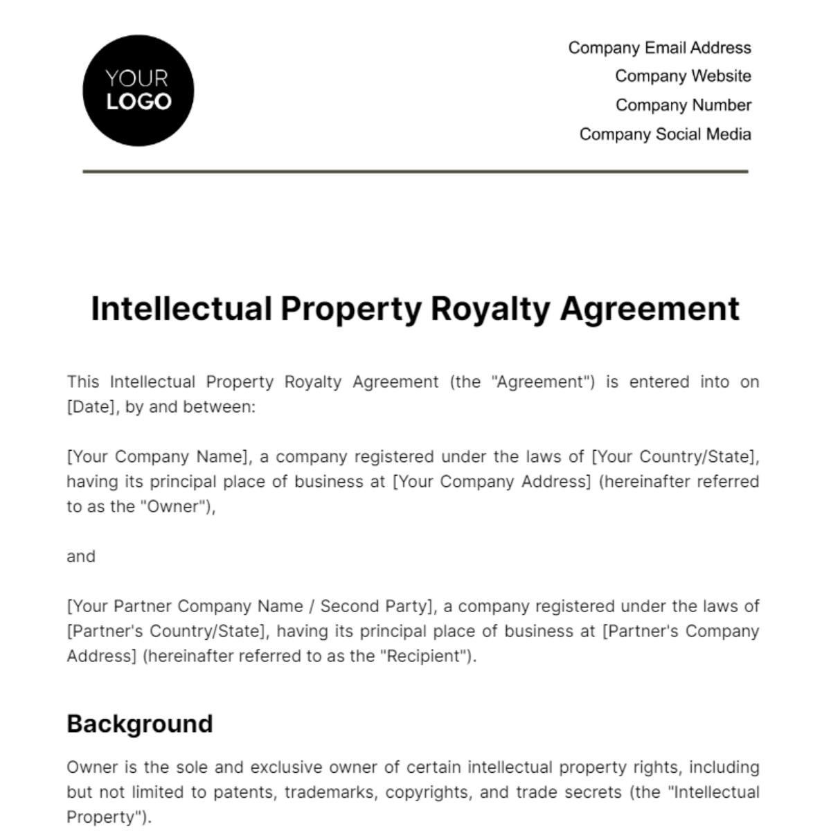 Legal Intellectual Property Royalty Agreement Template