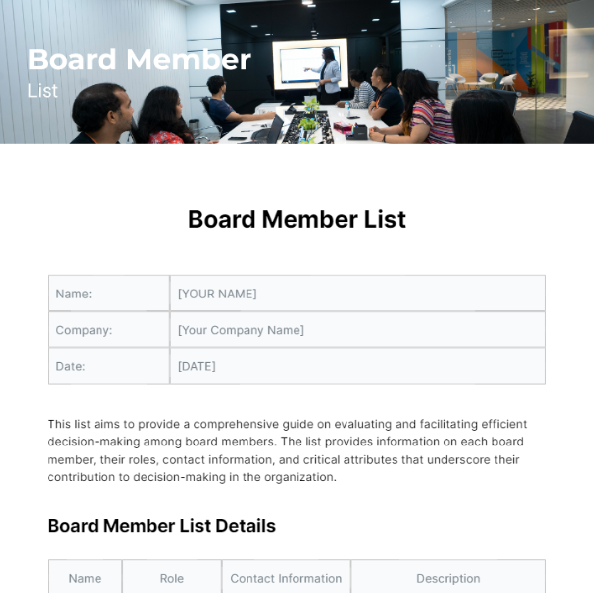 Board Member List Template