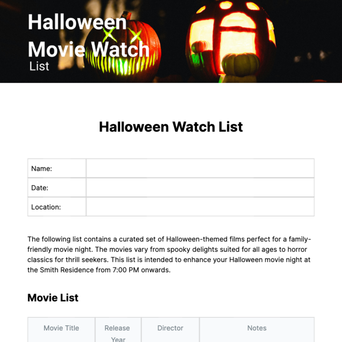 Halloween Watch List Template