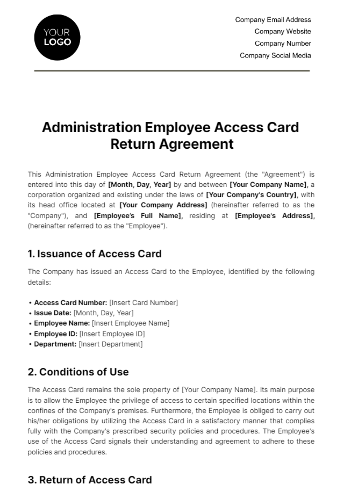 Free Administration Employee Access Card Return Agreement Template