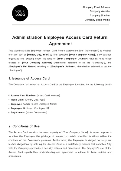 Free Administration Employee Access Card Return Agreement Template to Edit Online
