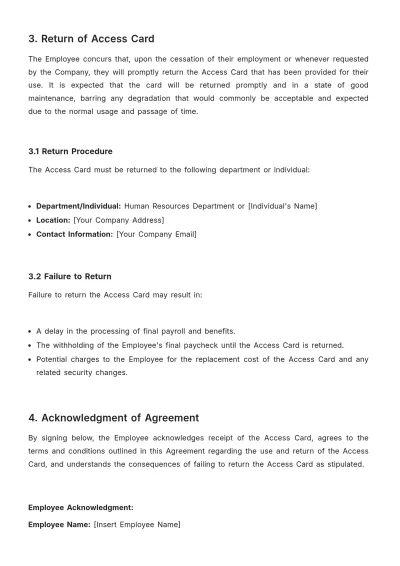 Free Administration Employee Access Card Return Agreement Template to Edit Online