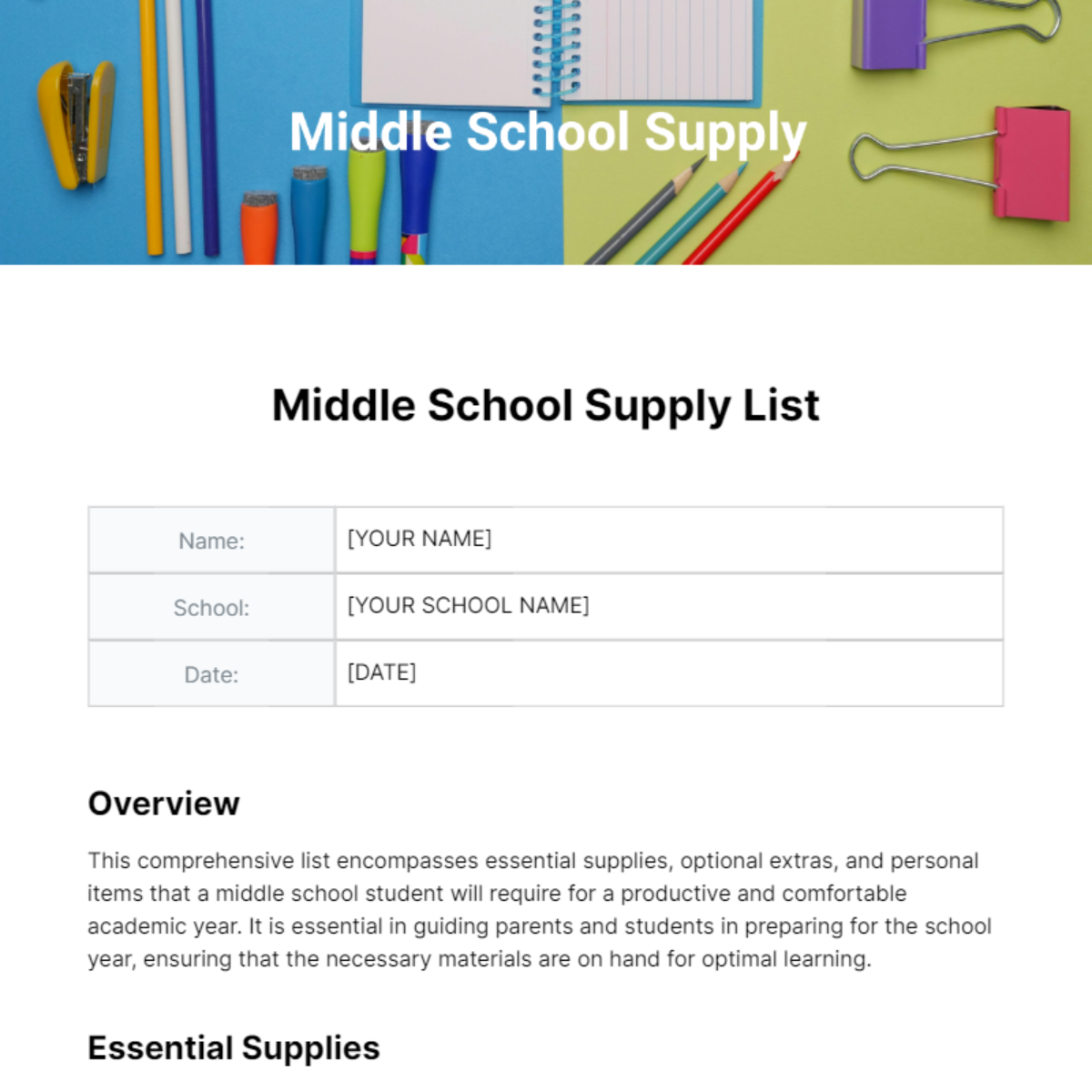 Middle School Supply List Template