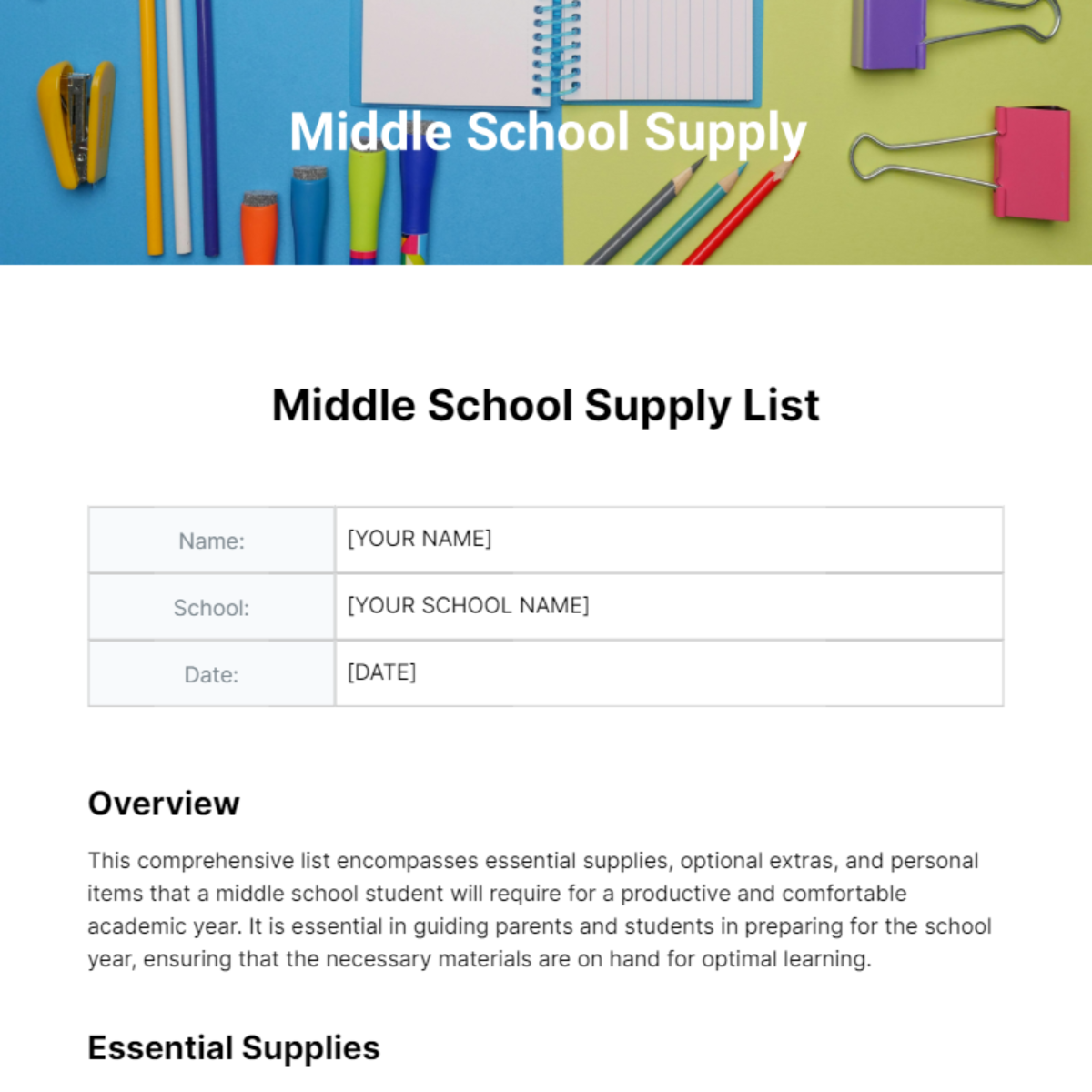 Middle School Supply List Template - Edit Online & Download