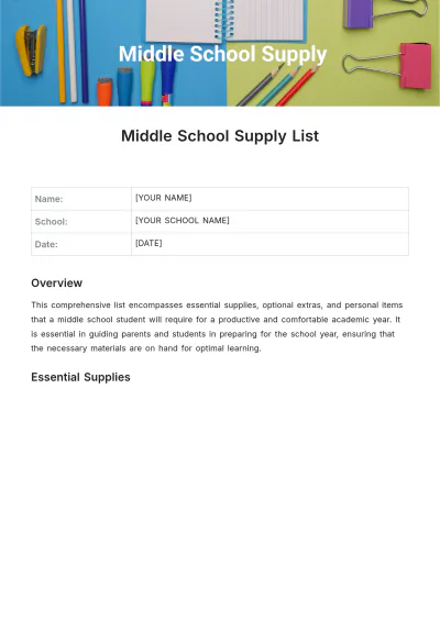 Free Middle School Supply List Template to Edit Online