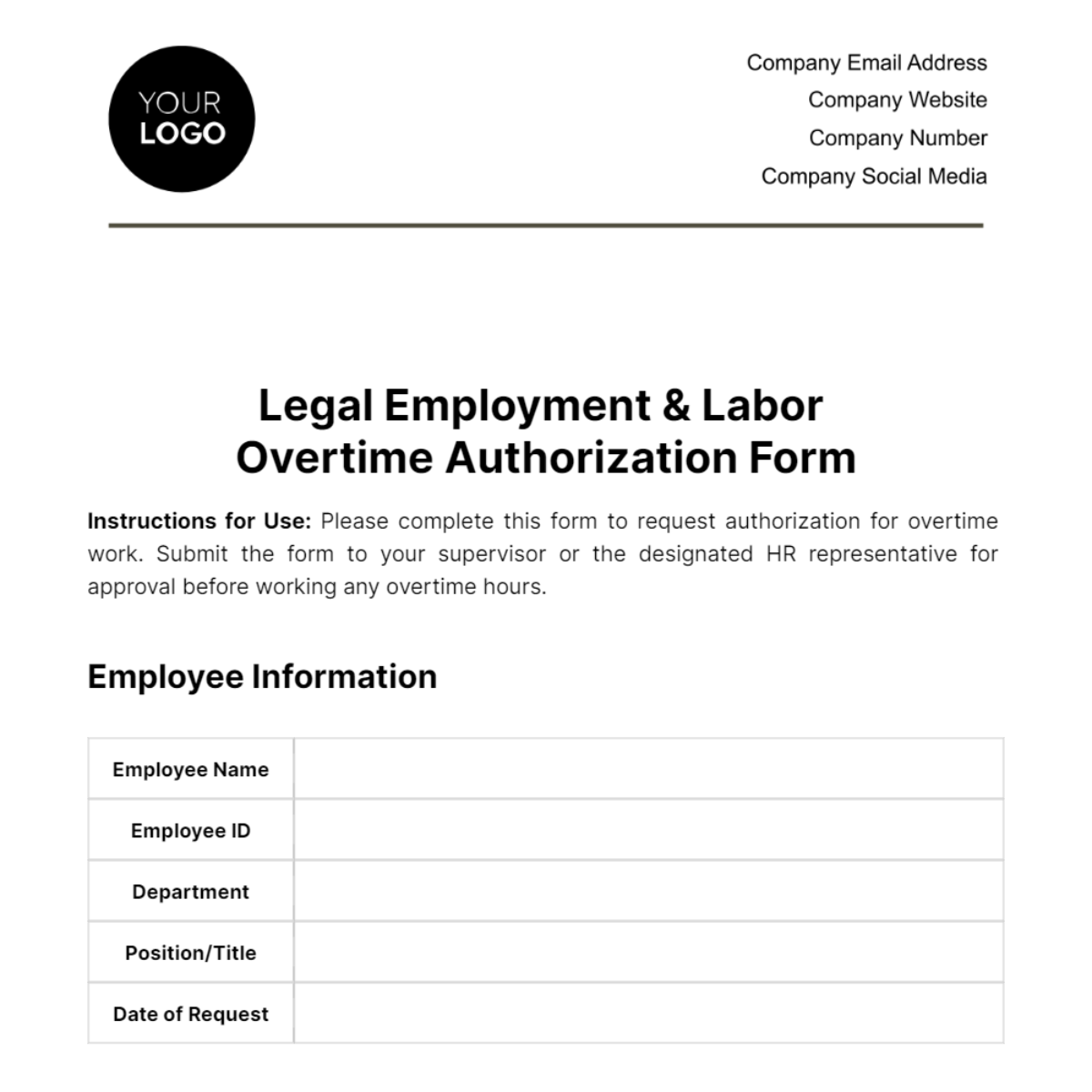 Free Legal Employment & Labor Overtime Authorization Form Template