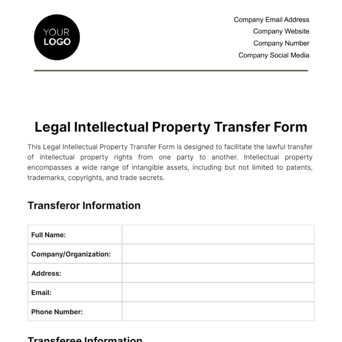 Legal Intellectual Property Transfer Form Template