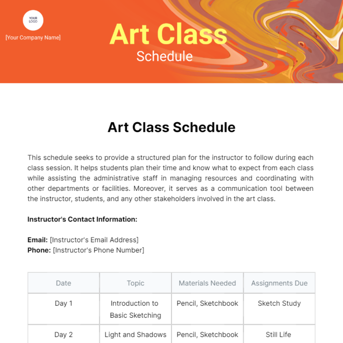 Art Class Schedule Template