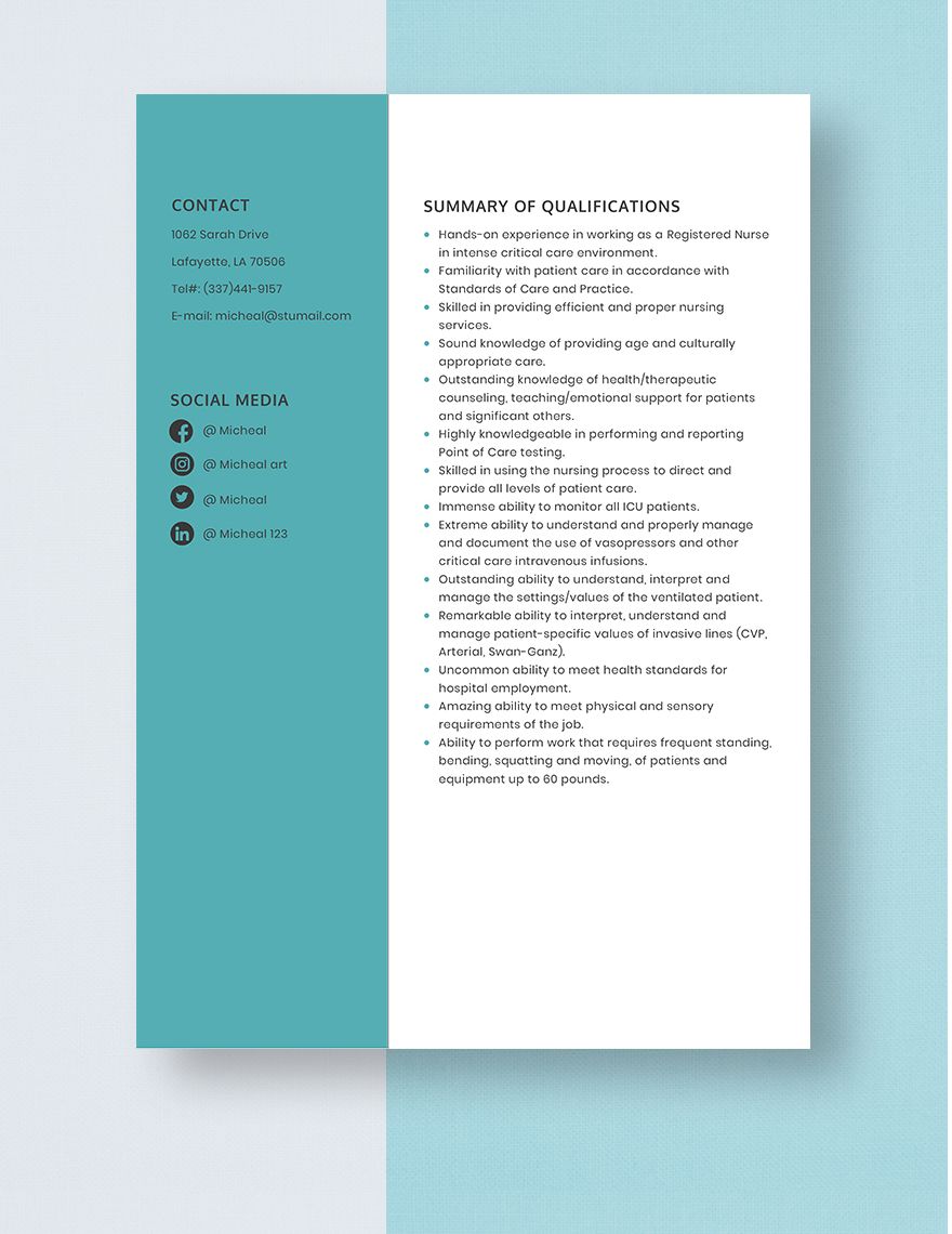 ICU RN Resume in Word Pages Download Template net