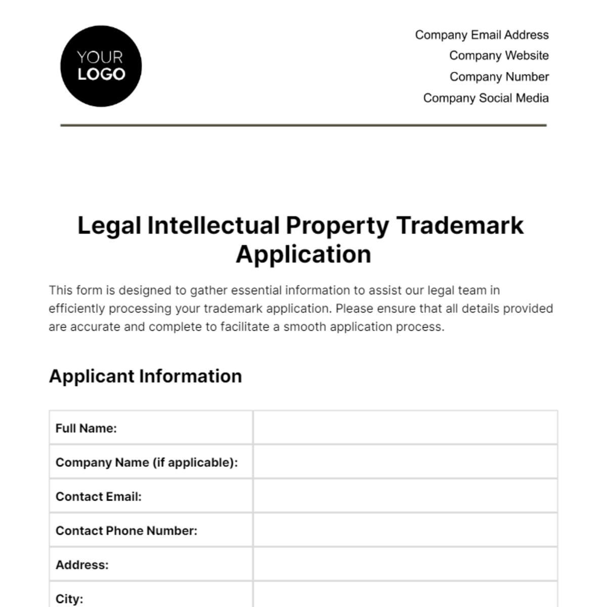 Free Legal Intellectual Property Trademark Application Template