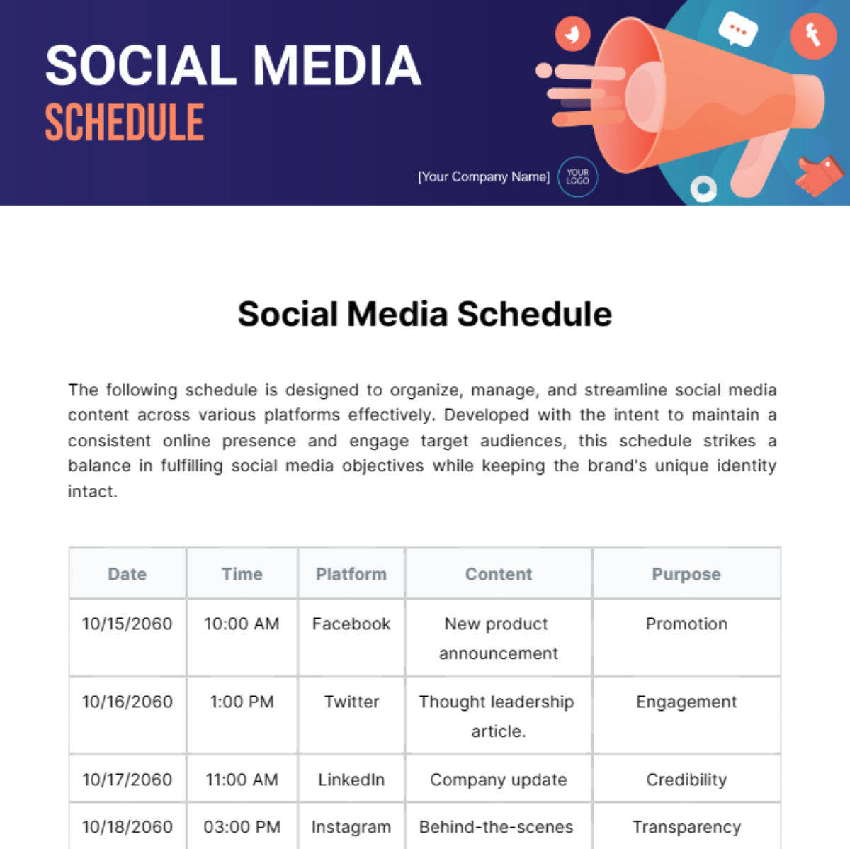 Social Media Schedule Template