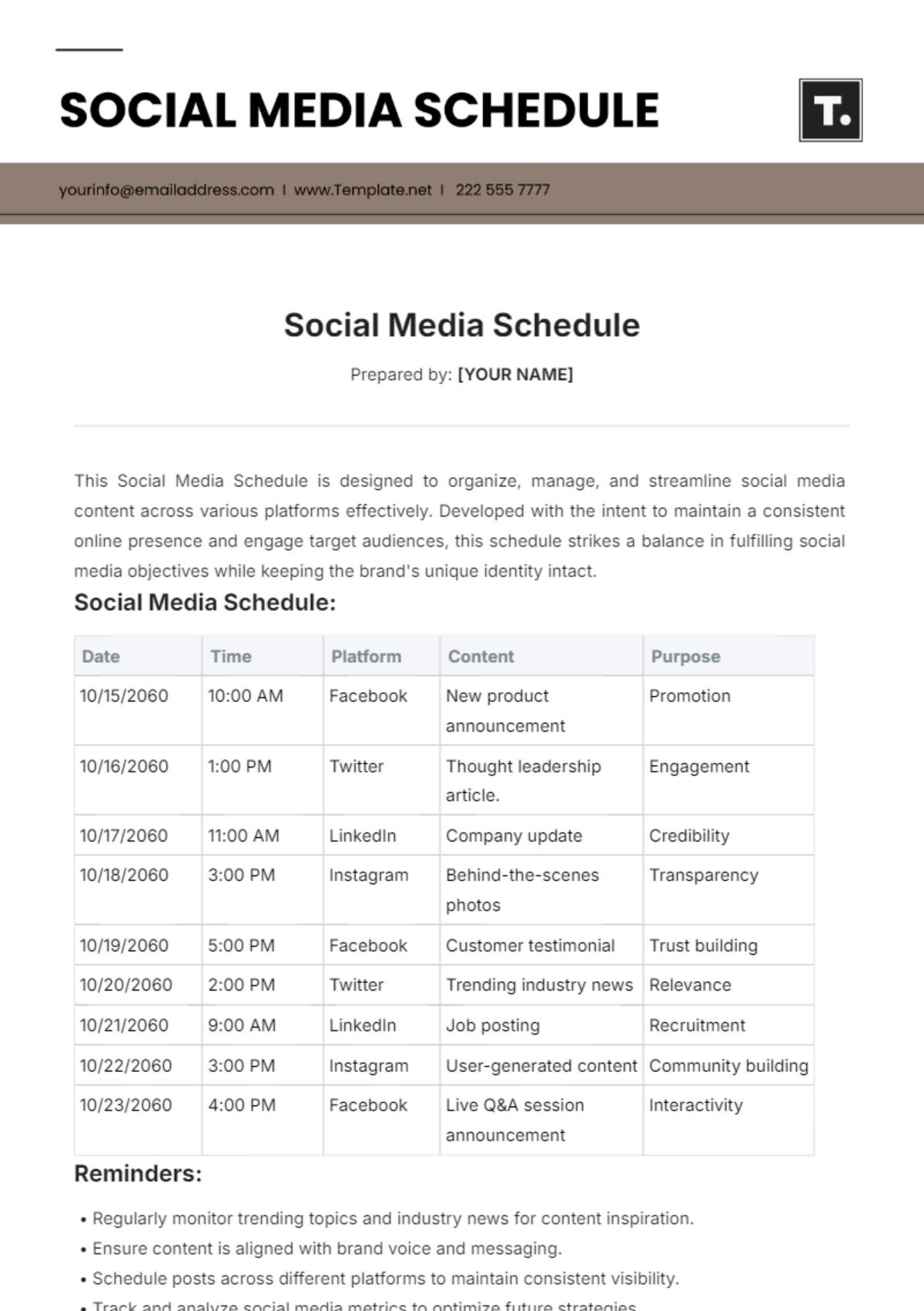 Social Media Schedule Template - Edit Online & Download