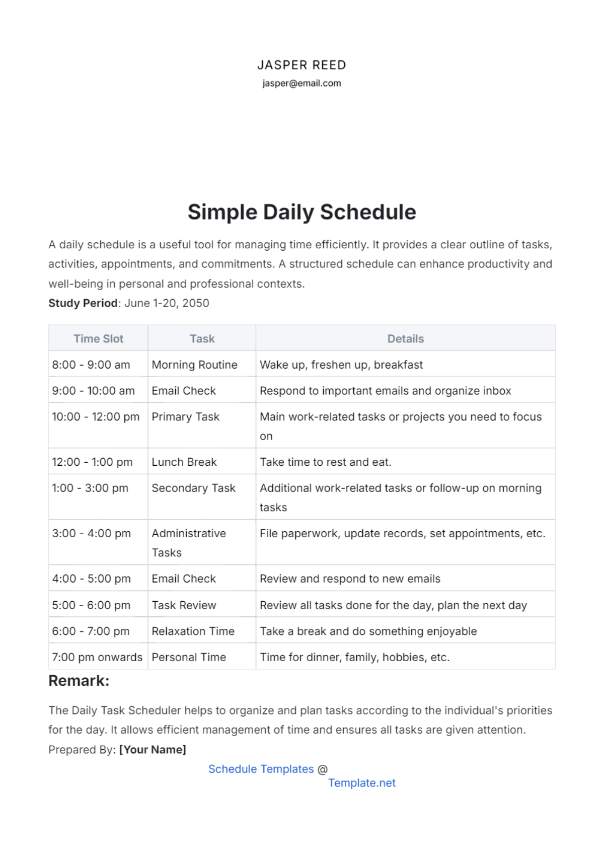 Daily Schedule Template