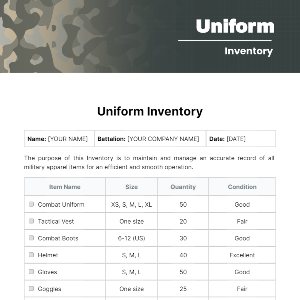 Uniform Inventory Template
