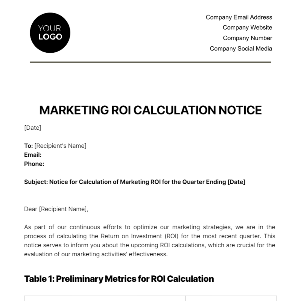 Marketing ROI Calculation Notice Template