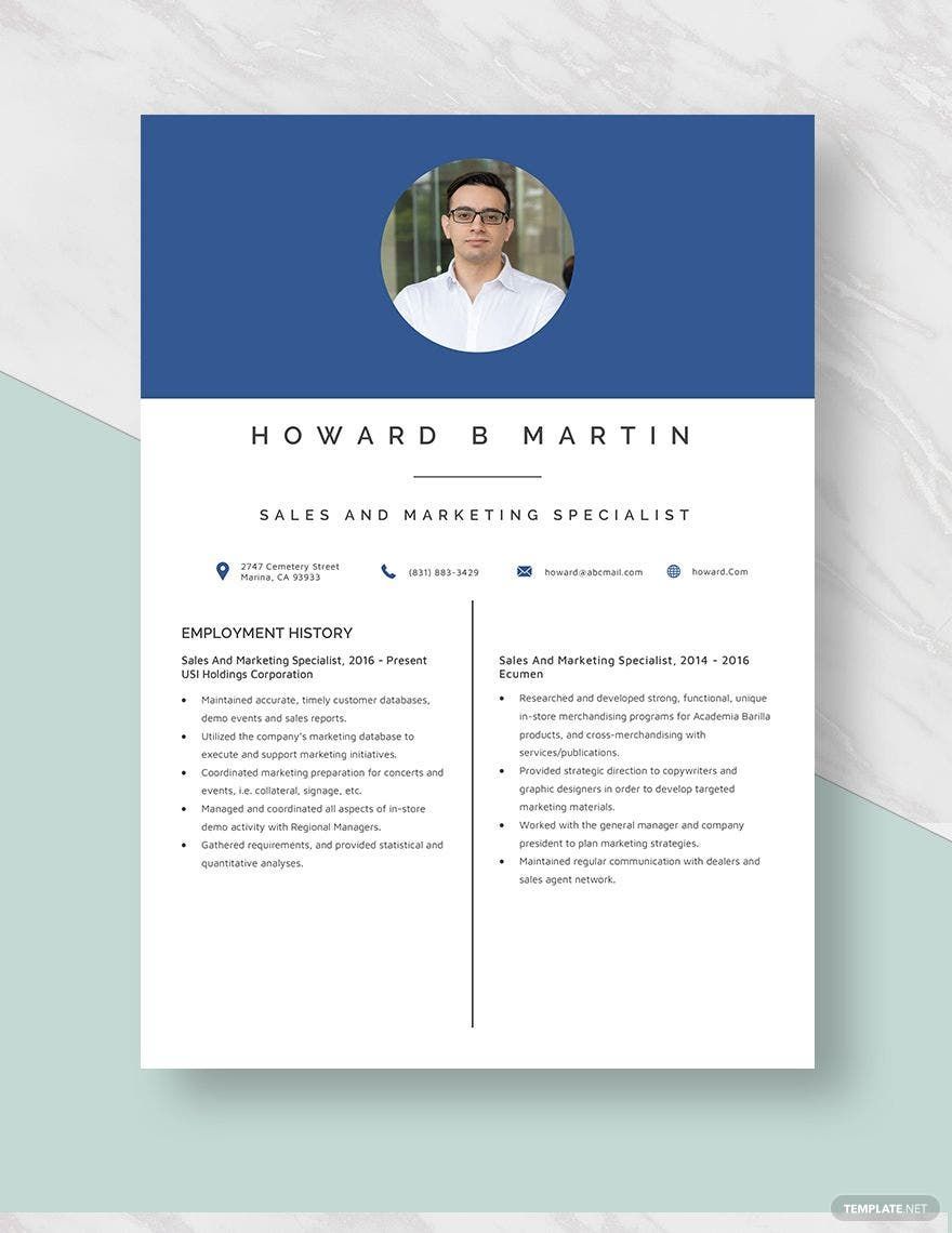 Sales And Marketing Specialist Resume