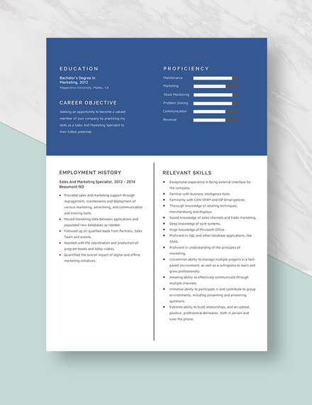 Sales And Marketing Specialist Resume Template