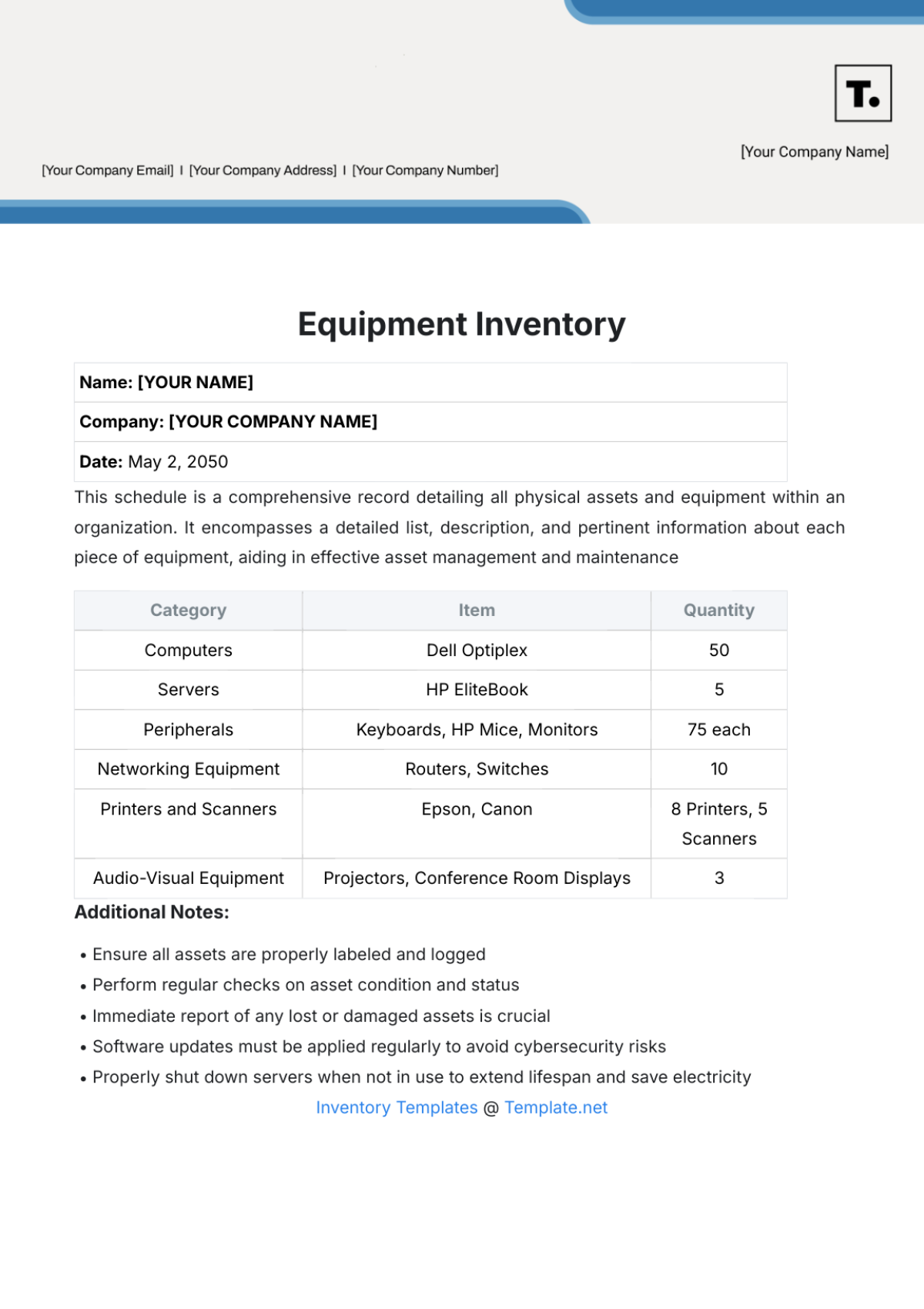 Equipment Inventory Template